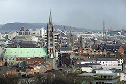 Regeneron location in Dublin, Ireland. Dublin skyline with several old churches.