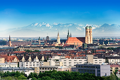 Regeneron location in Munich, Germany. Munich skyline with Munich Frauenkirche.